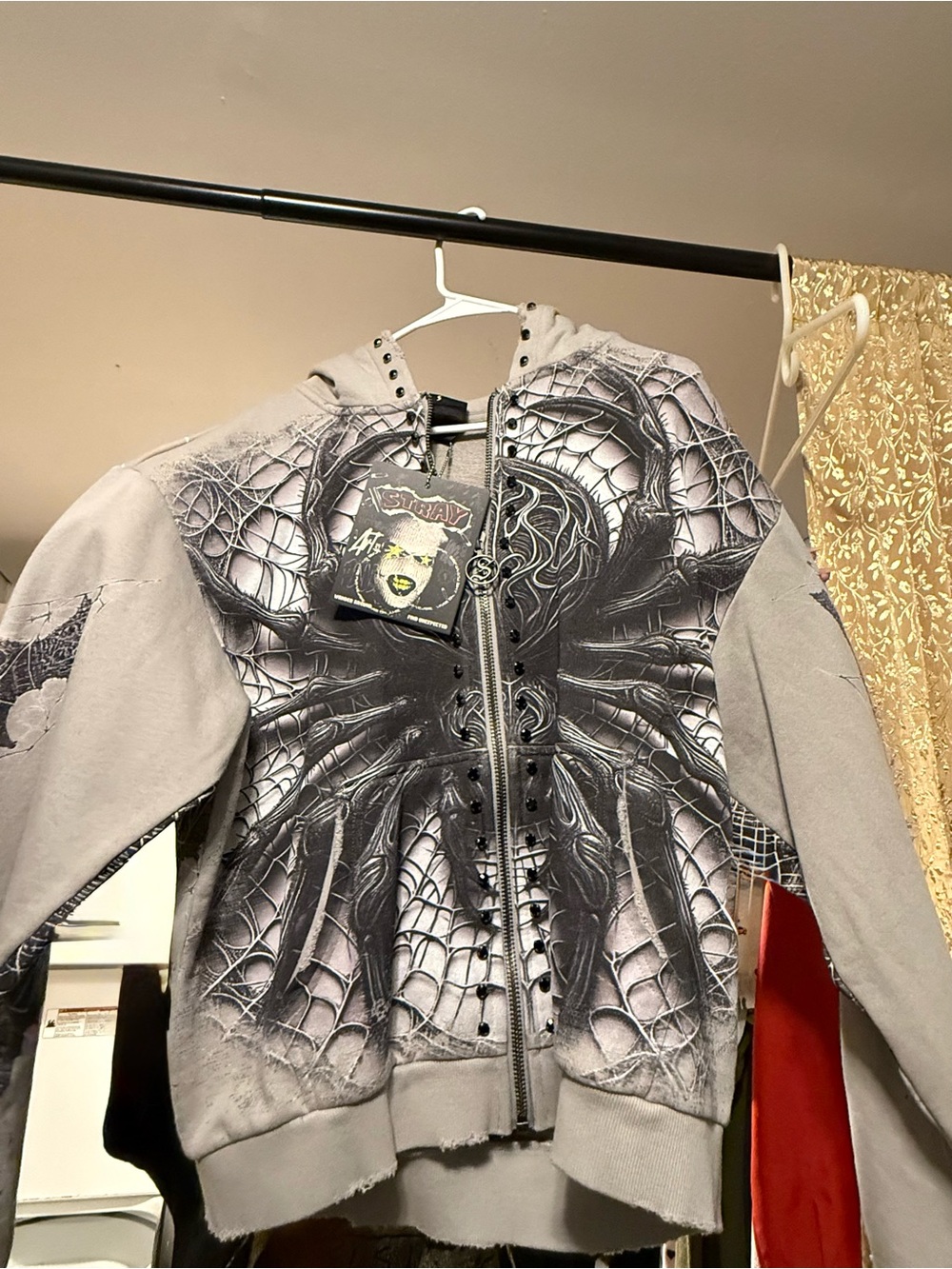 Gray Graphic Zip-Up Hoodie Jacket with Spider Web Design